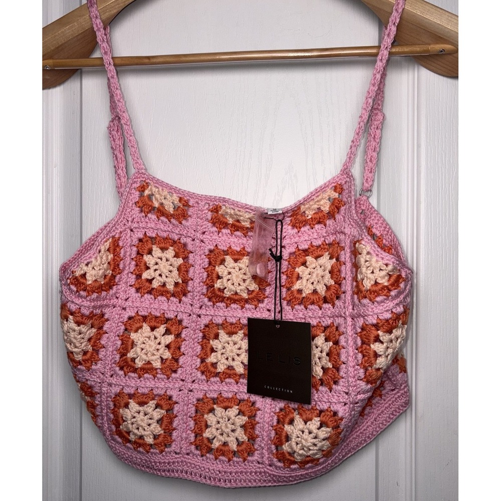 LE LIS Pink Orange Granny Square Crochet Boho Festival Croped Top Medium New